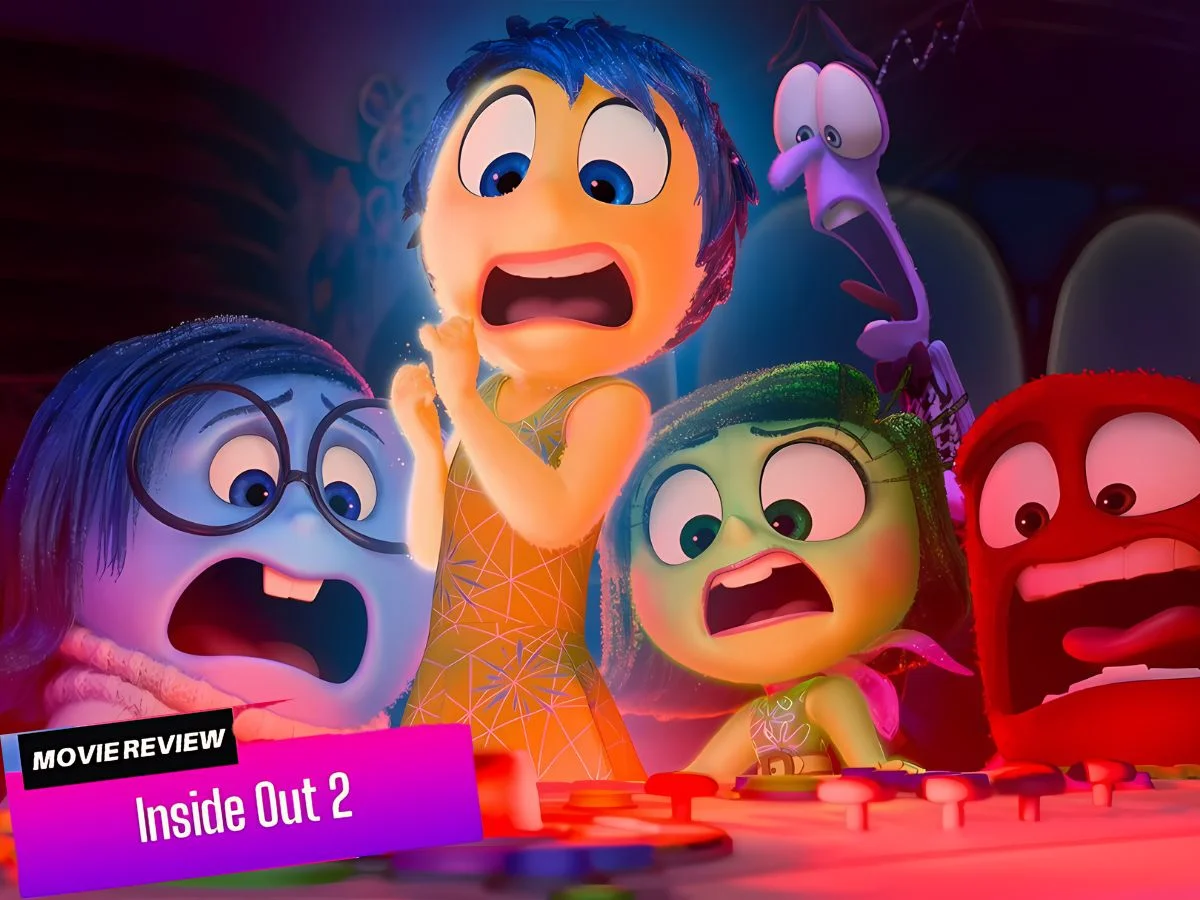 Inside Out 2 movie poster featuring Joy, Sadness, Anger, and new characters, with Riley as a teenager