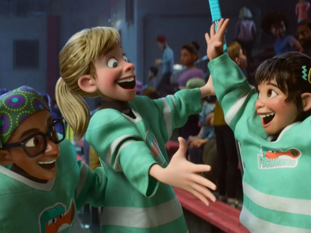 Inside Out 2 animated movie kids celebrating at ice hockey game