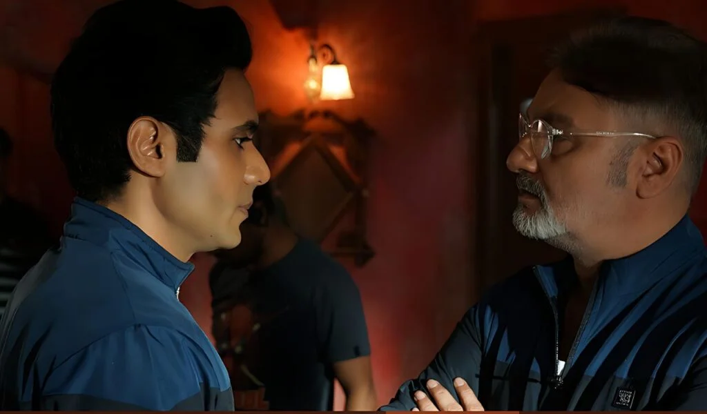 Two men in a tense conversation, warm lighting, Aliya Basu Gayab Hai (2024)