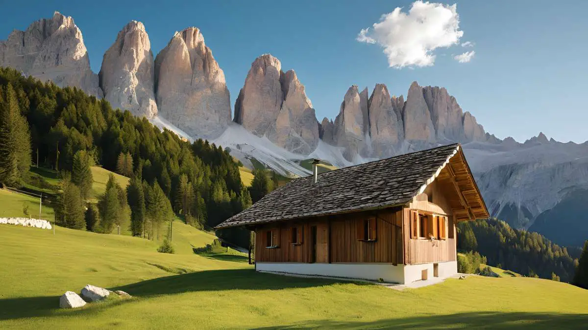 View of Ciesa Padón mountain refuge in the Dolomites with stunning mountain landscape.